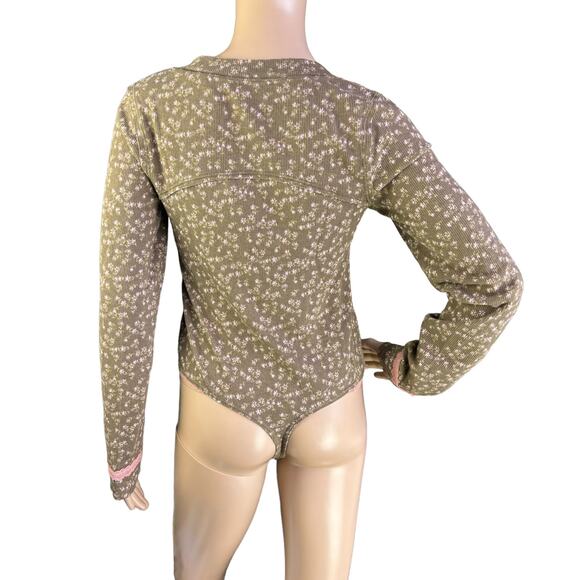 New Intimately Free People Sugar Dreams Earth Combo Floral Thermal Knit Bodysuit - Picture 4 of 5